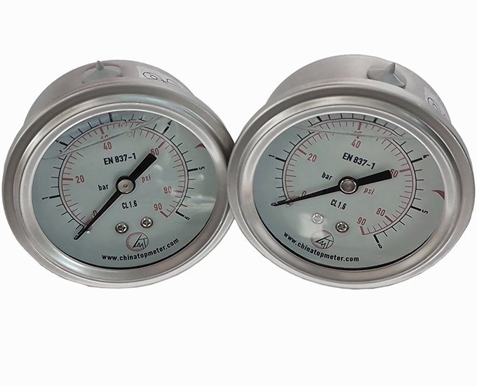 Oil-Filled SS304 double scale axial pressure gauge with brass connection